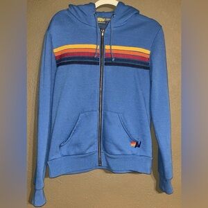 Aviator Nation Blue Five Rainbow Stripe Full Zip Hooded Sweatshirt Women’s Small